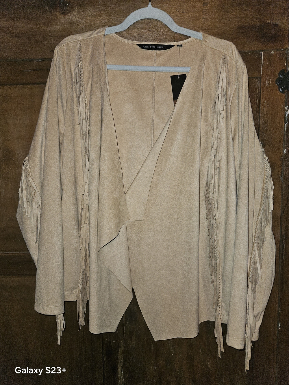 Colleen Lopez Taupe Fringe Open-Front Cardigan